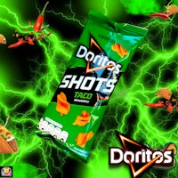 a bag of doritos shots on a green background