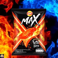 a bag of liu max chips with a red and blue background